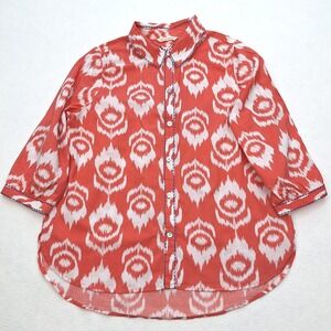 Soft Surroundings‎ Top Womens XL Orange Ikat Print Shirt 3/4 Sleeve Boho Artisan